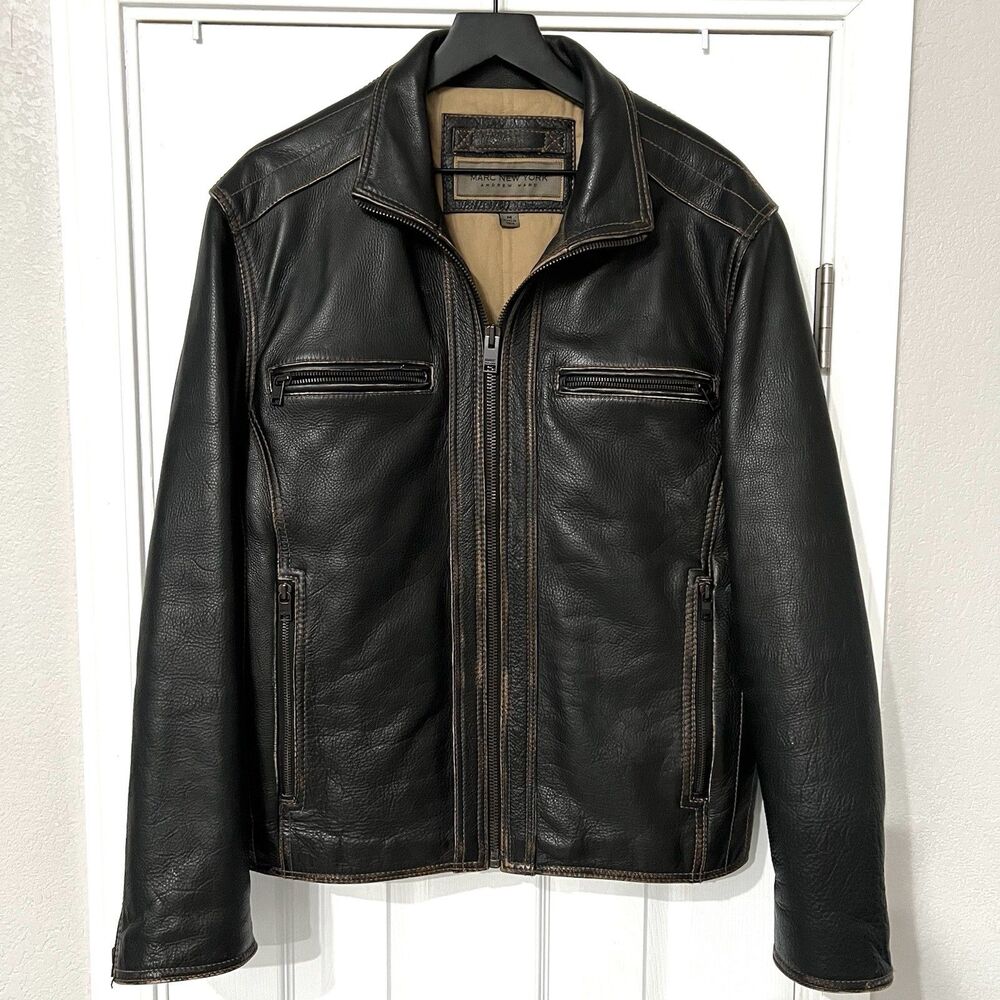 ANDREW MARC NEW YORK Distress HEAVY BROWN LEATHER MOTORCYCLE Size M Dark Brown